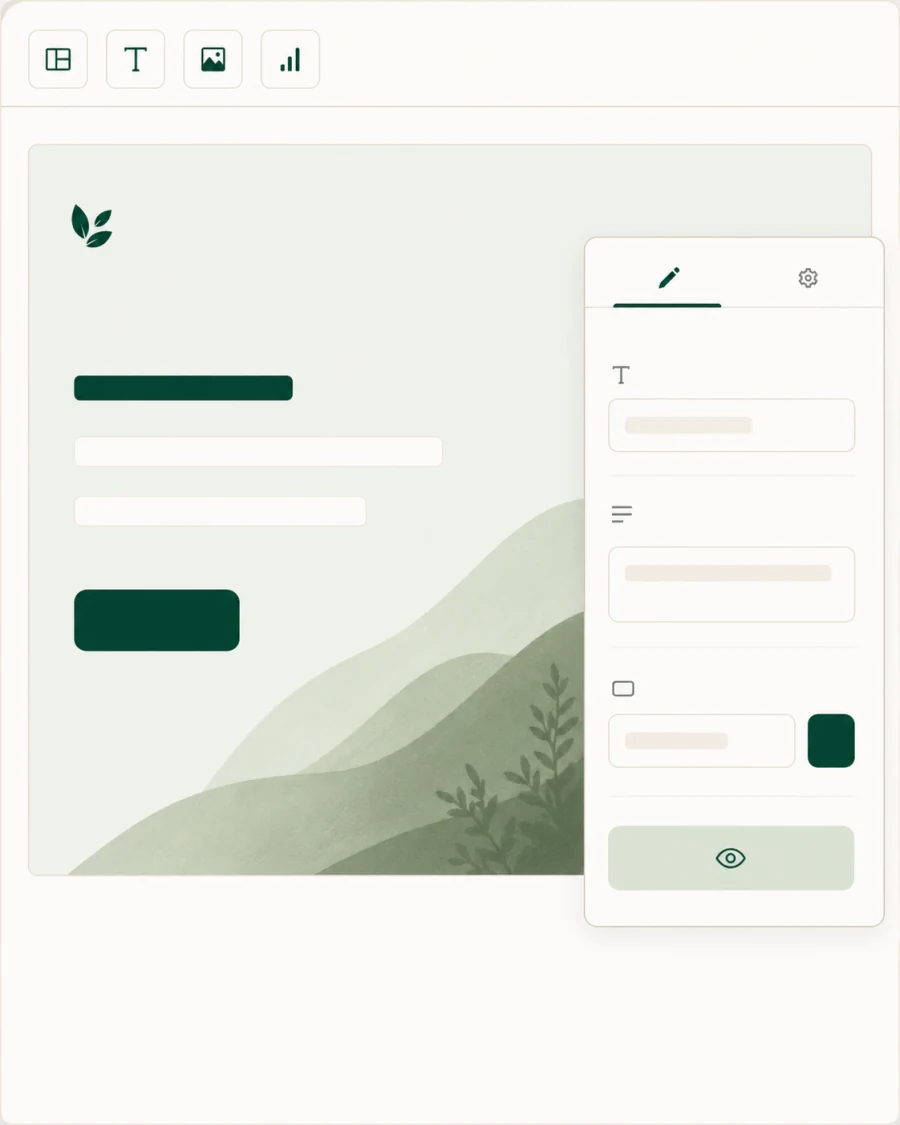 LeadLord landing page editor with toolbar, hero canvas, and content settings panel.