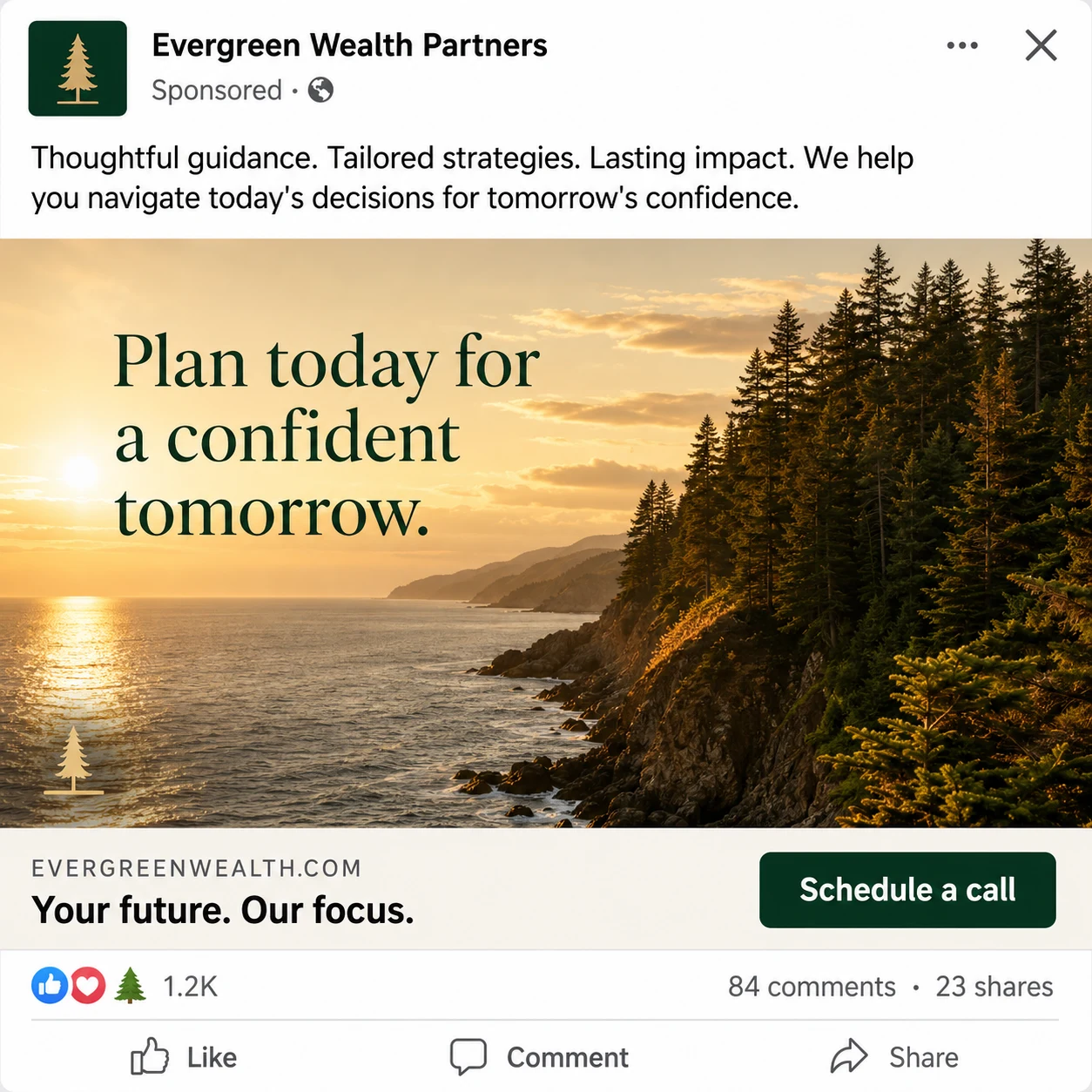Facebook sponsored post mockup for Evergreen Wealth Partners with the headline 'Plan today for a confident tomorrow.'