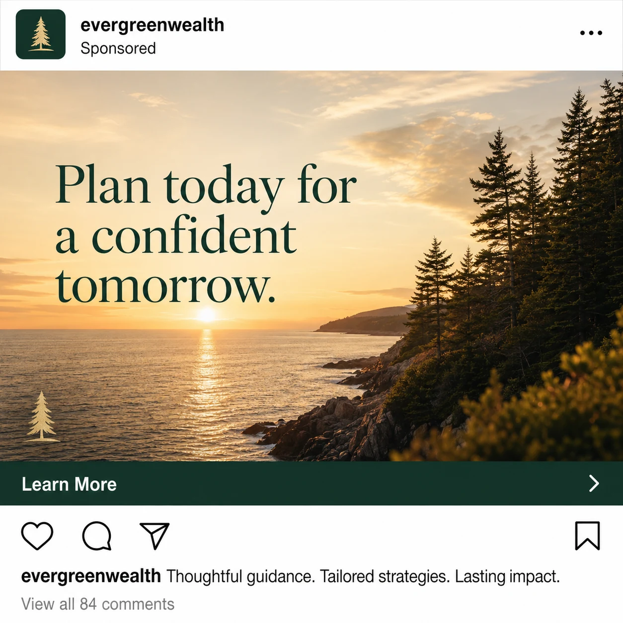 Instagram sponsored post mockup for Evergreen Wealth Partners with the headline 'Plan today for a confident tomorrow.'