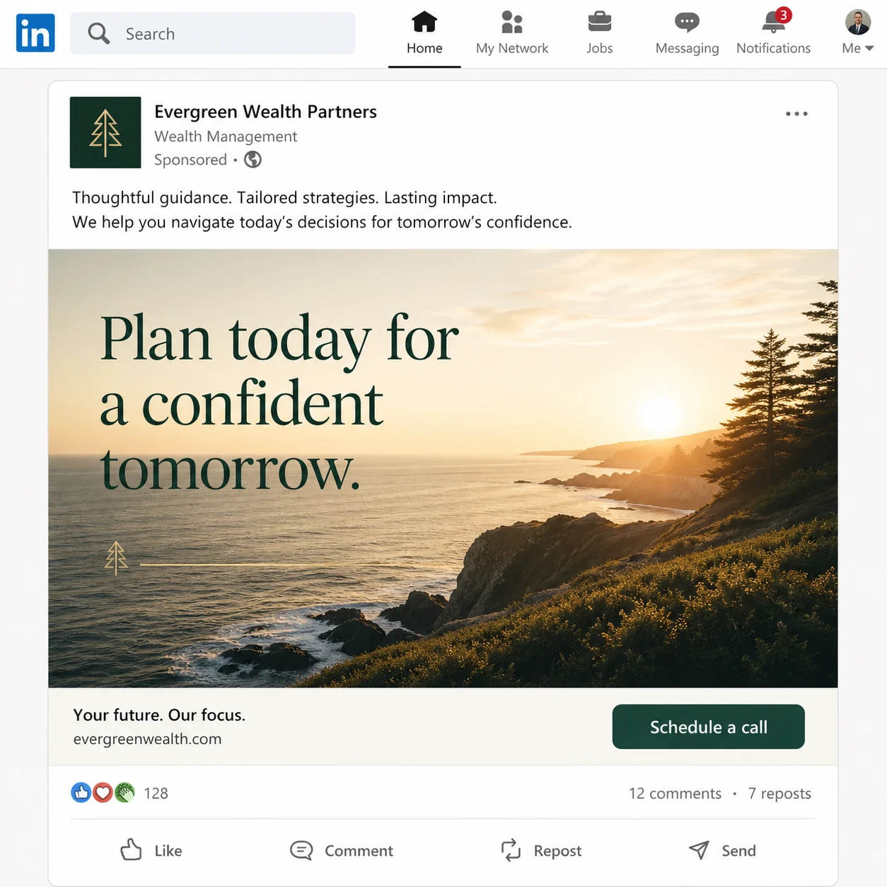 LinkedIn sponsored post mockup for Evergreen Wealth Partners with the headline 'Plan today for a confident tomorrow.'